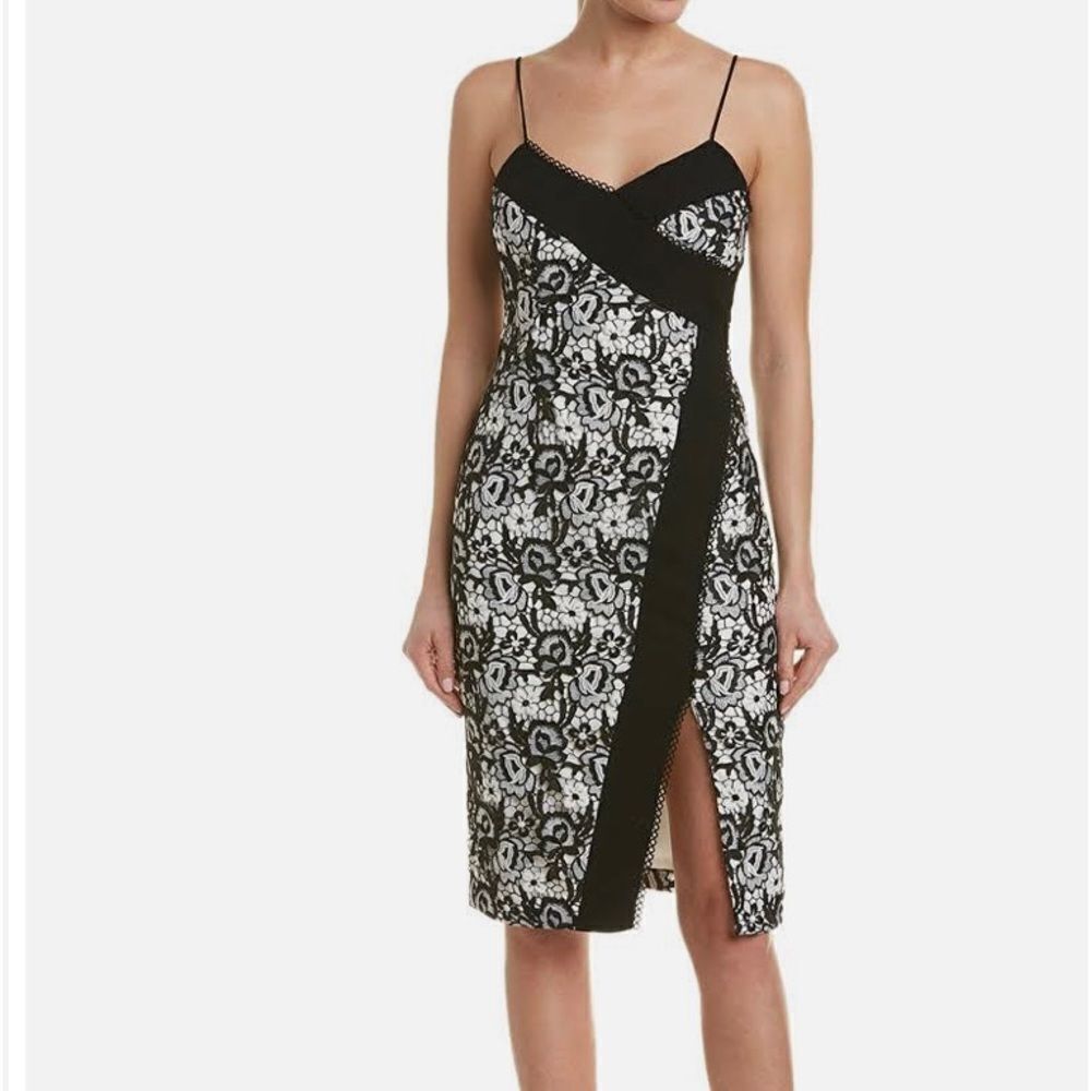 Aidan Mattox black white lace with black trim dress